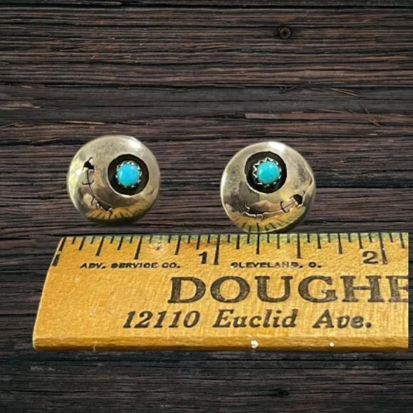 Vintage Native American Sterling Silver Turquoise Shadow Box Earrings - Picture 7 of 7